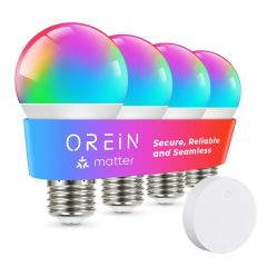 AiDot OREiN A19 Matter Smart Reliable WiFi Light Bulbs 4 Pack + Smart Light Bulbs Mini Switch Remote Button Control