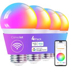 Consciot Smart LED Light, WiFi Color-Changing A19 E26 Lamp Compatible with Alexa & Google Home, 60W Equivalent, Music Sync, Dimmable-4 Pack