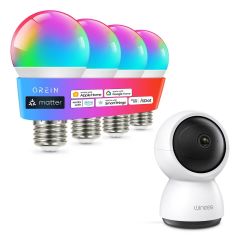 AiDot OREiN 4 Pack Matter A19 Smart  Reliable WiFi Light Bulbs + Winees M2X 2K Indoor Security Camera