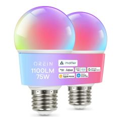 AiDot OREiN Matter Smart RGBTW Bulb Color Changing Light Bulbs Work with Apple Home, Alexa, Google Home, SmartThings,-2 Pack-75W