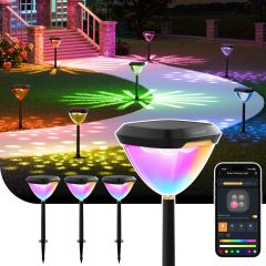 Linkind Smart Solar Pathway Lights SP6, in-App Pattern Switching Solar Lights Outdoor Waterproof, Solar & Wired Charging Color-Changing Landscape Lighting, Garden Decor for Yard, Patio (4 Pack)
