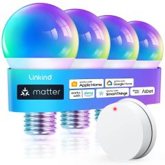 Linkind A19 Matter Smart Light Bulb with Remote, Smart Bulb Work with Apple Home, Alexa, Google Home, SmartThings, RGBTW Color Changing Bulbs Music Sync, 2.4Ghz A19 E26 60W 800LM - 4 Pack