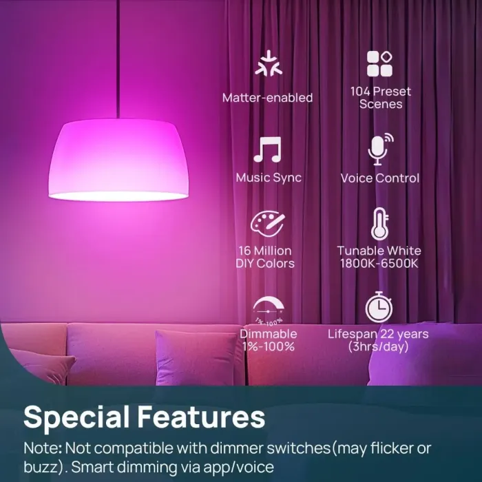 AiDot Linkind Matter Smart RGBTW Bulb LED Color Changing Bulbs Music Sync Work with Alexa Apple