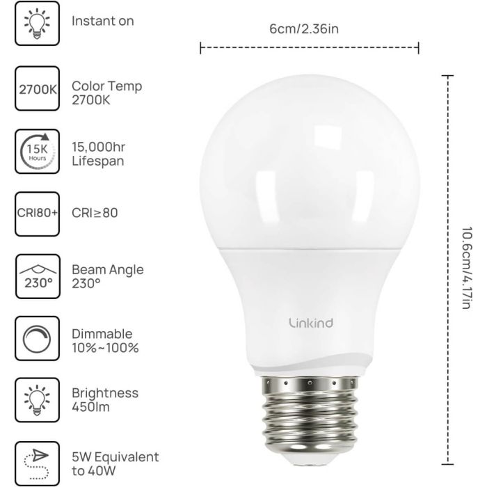 Linkind A19 LED Light Bulbs - Dimmable 40W Equivalent 9
