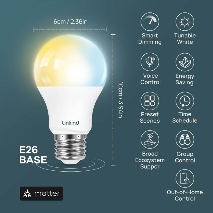 Linkind Matter Alexa Light Bulbs, Soft White to Daylight Tunable Smart Light Bulbs, Work with Apple Home, Alexa, Google Home, SmartThings 9