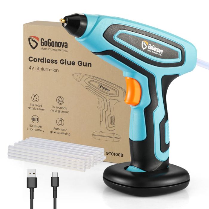 Value 4V Cordless Glue Gun Kit, GoGonova 15s Fast Heating Colored Glue Gun  with 145 Pcs Clear Mini Glue Sticks