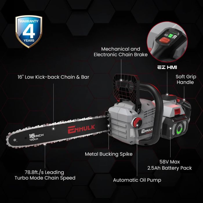 AiDot ENHULK 58V 16" Brushless Cordless Chainsaw with 78.8 ft./s Max Chain Speed with EZ HMI LED Control Panel 4