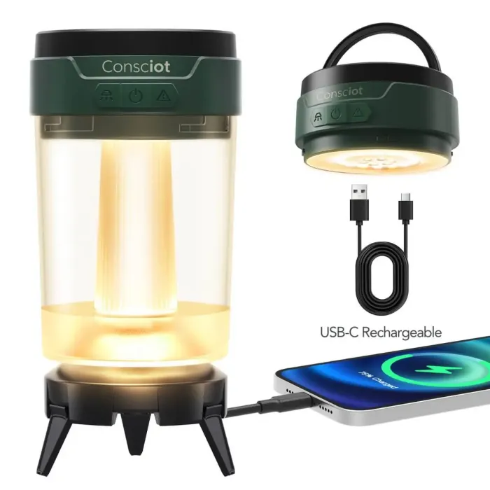 Consciot Lanterna LED Campeggio Ricaricabile USB-C 4400mAh, 5 Modalità E 3 Temperature Colore, Con Manico E Magneti, Impermeabile IPX4, Verde Foresta