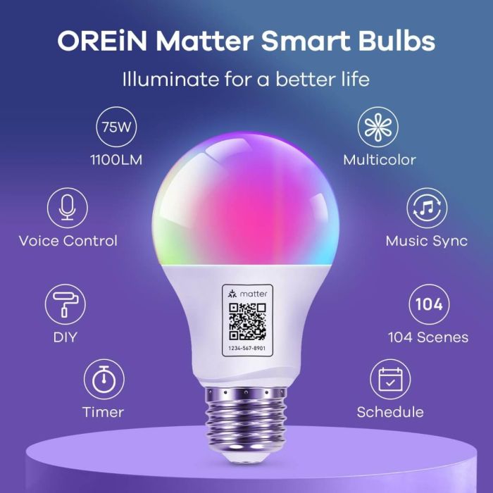 AiDot OREiN Matter Smart RGBTW Bulb Color Changing Light Bulbs Work with Apple Home, Alexa, Google Home, SmartThings, 2