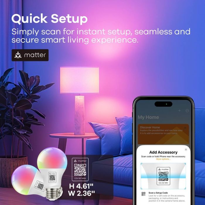 AiDot OREiN Matter Smart RGBTW Bulb Color Changing Light Bulbs Work with Apple Home, Alexa, Google Home, SmartThings, 4