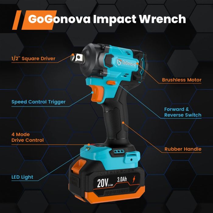AiDot Gogonova 20V 1/2'' Cordless Impact Wrench with 5000 IN-LBS, High Torque 3100 IPM 3