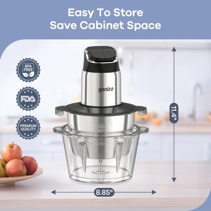 Ganiza Food Processor, 2-Speed Food Chopper Meat Grinder with 8 Cup Stainless Steel & 8 Cup Glass Bowls, Upgraded Button & Smart Overheat Protection Light - Includes Clean Brush, 2 Sets of Blades 8