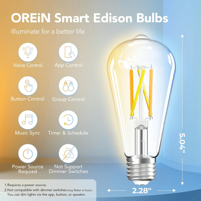 OREiN Matter Smart Edison Light Bulbs with Smart Button Work with Alexa AppleHome GoogleHome SmartThings 3
