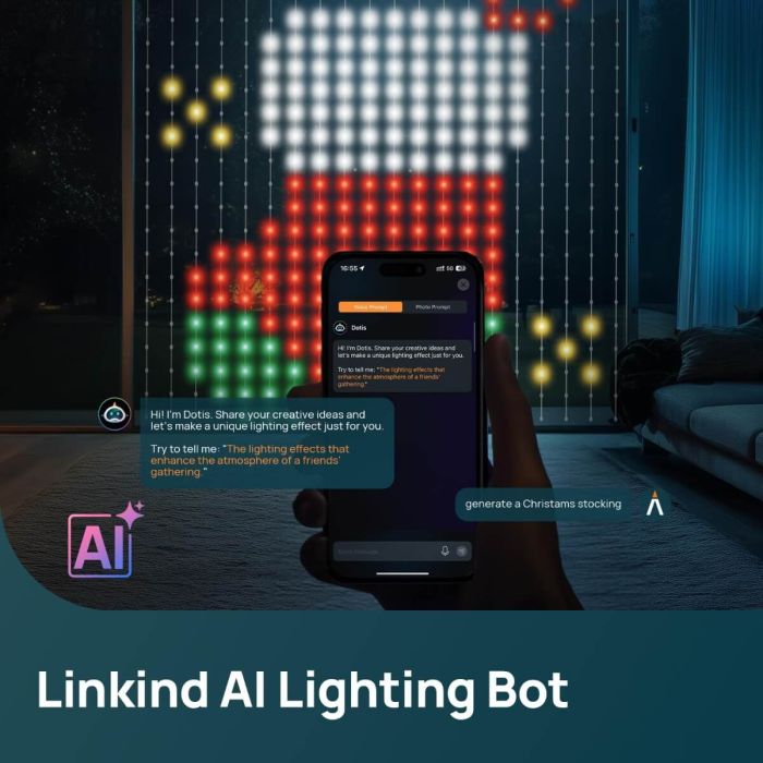 Linkind Christmas Smart Curtain Lights - APP Control, AI Pattern GIF Display, Works with Alexa Google Home, 400 LEDs Color Changing Lights Outdoor Indoor for Bedroom Window Christmas Decor, 4.9×4.5ft 2