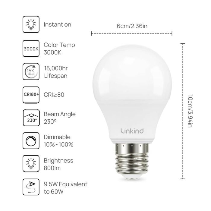 Linkind A19 LED Light Bulbs - Dimmable 40W Equivalent 2