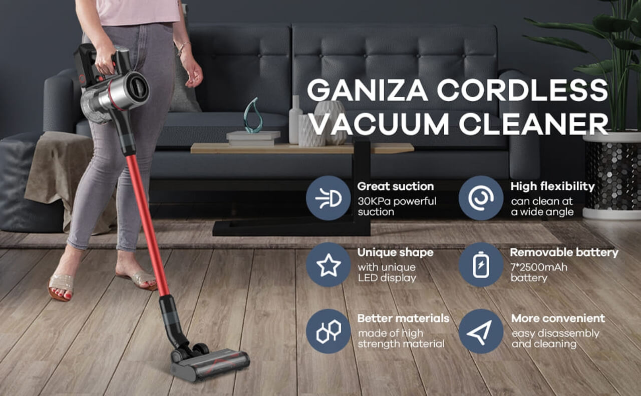 Ganiza Model V25 Cordless Rechargeable Stick Vacuum Cleaner, 28KPa LED  Headlight