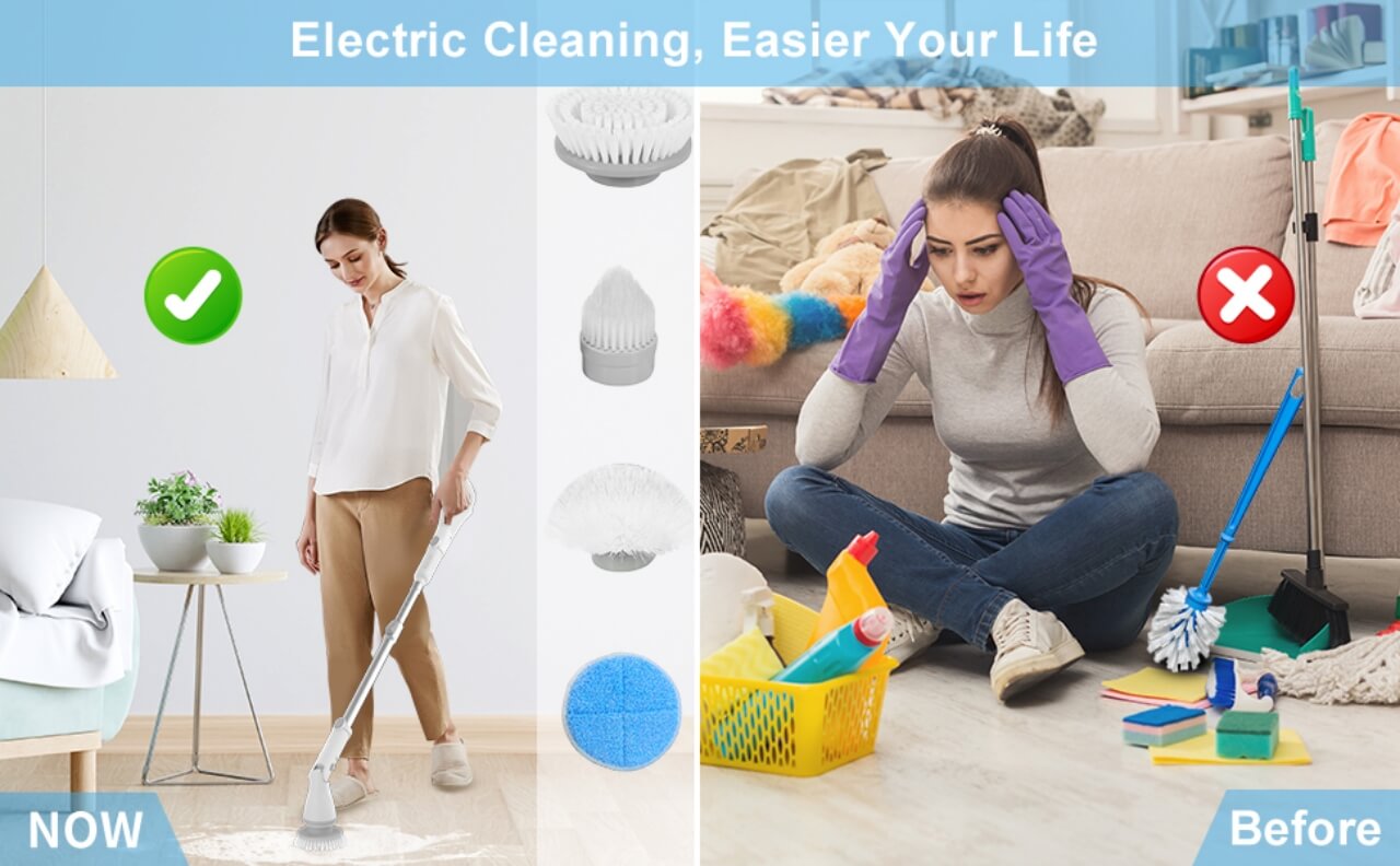 Electric Spin Scrubber, Cordless Cleaning Brush 2X Stronger Power Motor  with 4 Replaceable Brush Heads, Ergonomic D-Handle, Extendable Arm, Power  Scrubber for Bathroom, Floor, Pool, Tile, Car