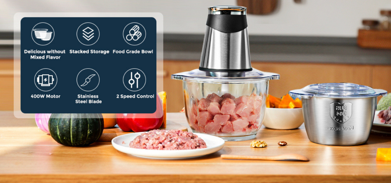 Two Files Electric Stainless Steel Meat Grinder Food Mixer with One-Button  & 2L 304 Stainless Steel Cup for Home Kitchen Use A 