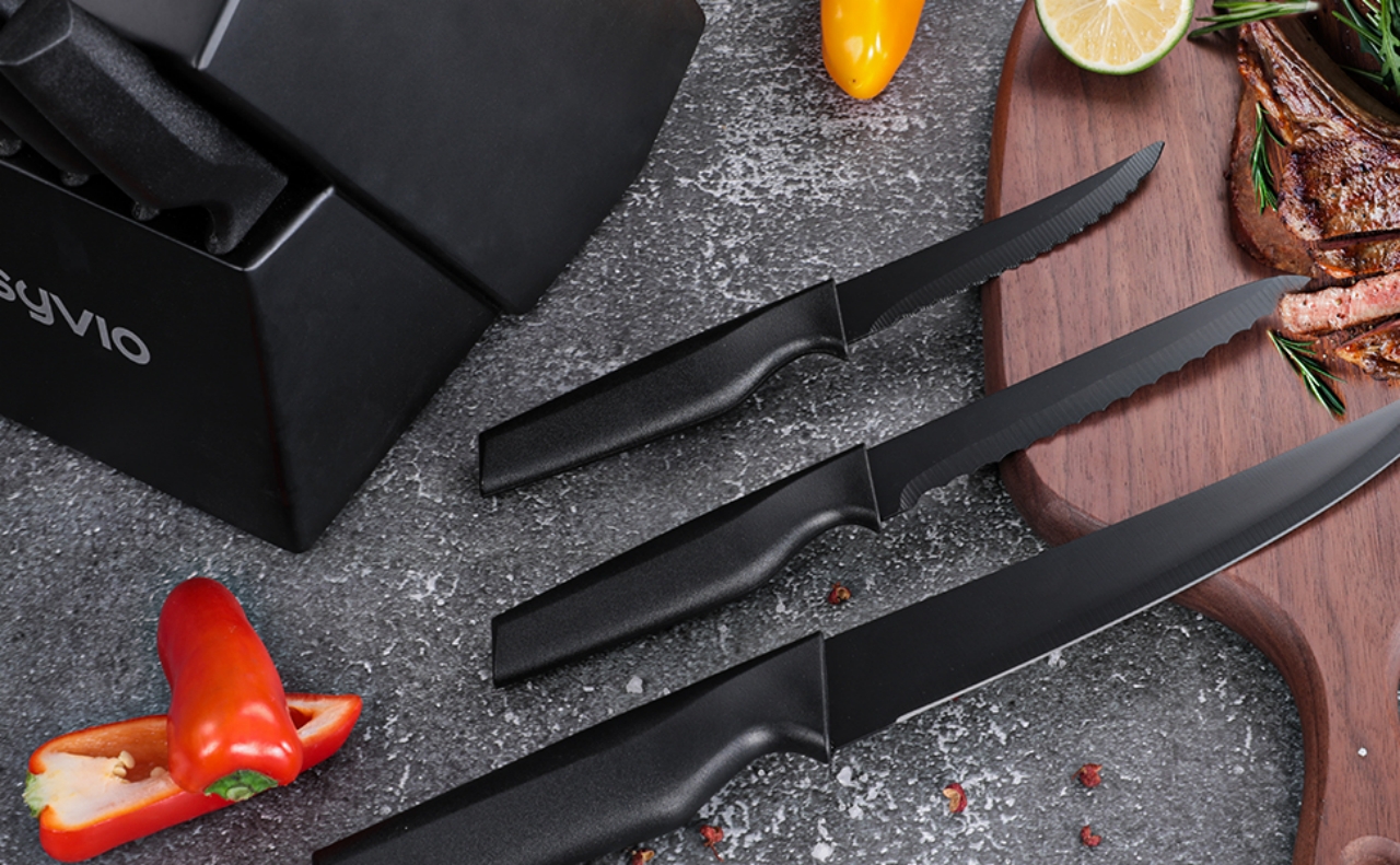 AiDot Syvio Kitchen Knife Set - 14 Pieces with Built-in Sharpener