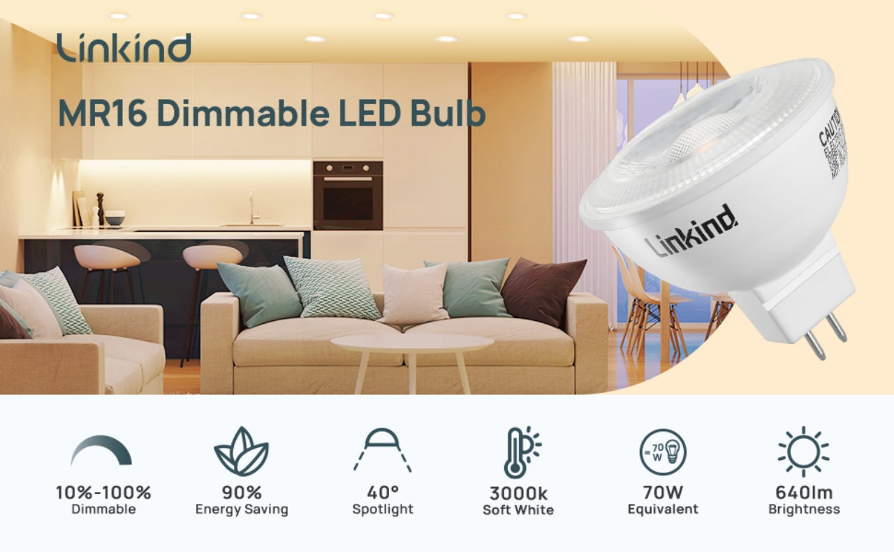 Linkind LED Light Bulb Dimmable, 6.5W (70W Equivalent), MR16 GU5.3